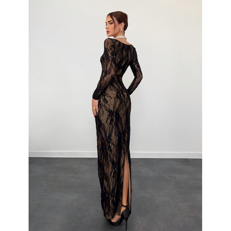 Women's Lace Square Neck Long Sleeve Dress