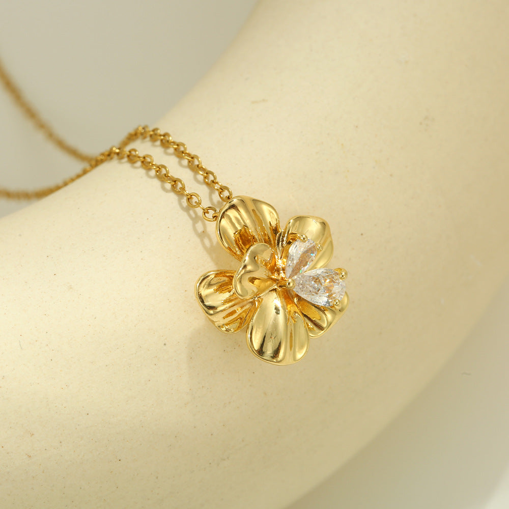 Floral Zircon Cross Chain Necklace