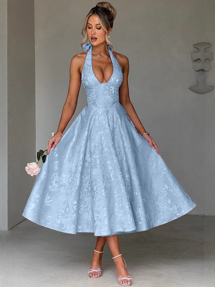 V-Neck Halter Jacquard Evening Dress