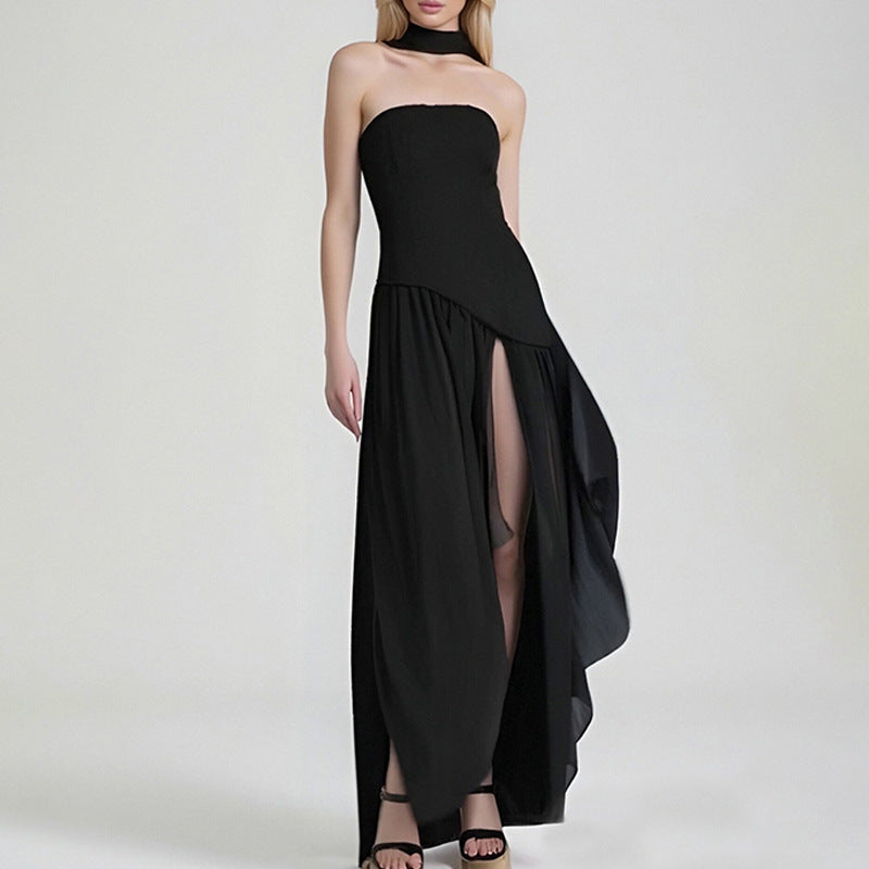Elegant Slim Fit Solid Color Waist Cinching Slit Dress