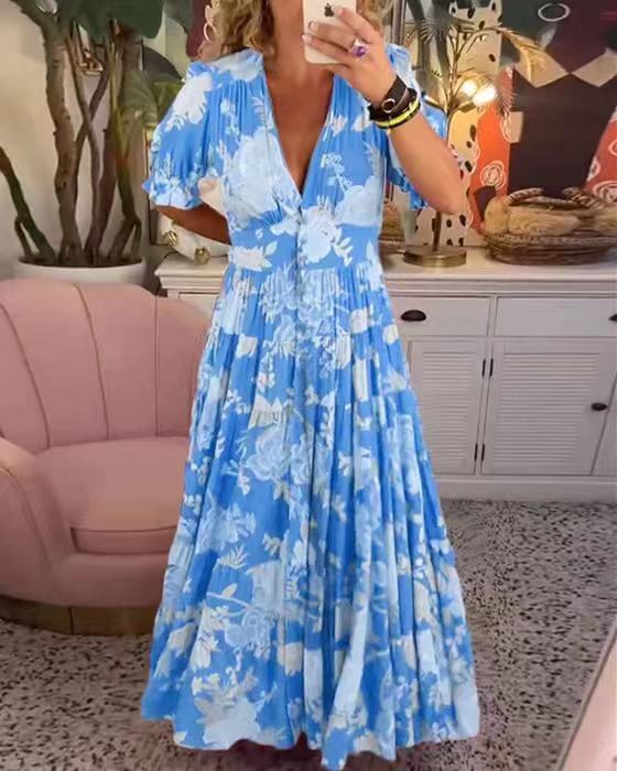 Floral V-Neck Elastic Waist Dress