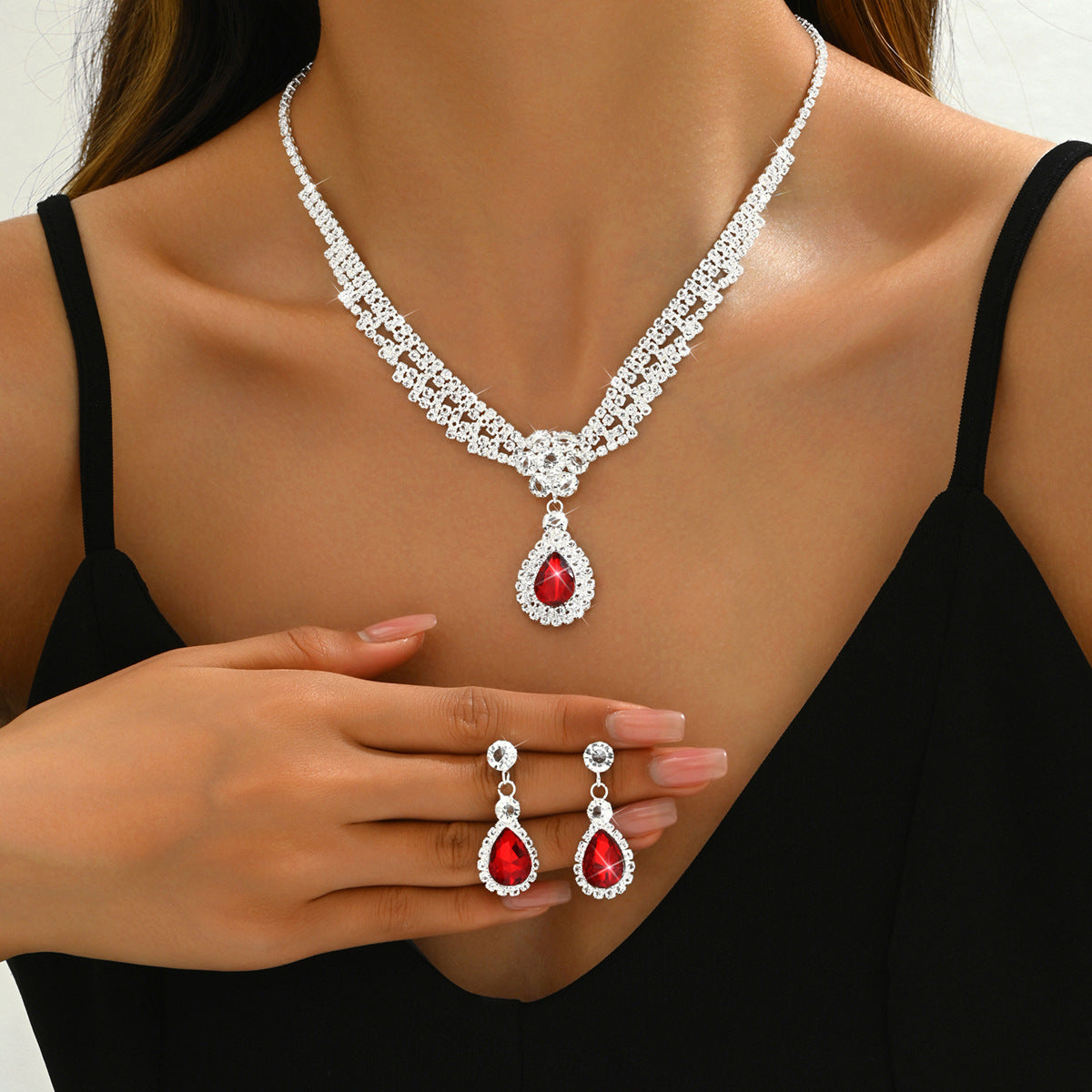 Diamond Drop Flower Necklace Earrings