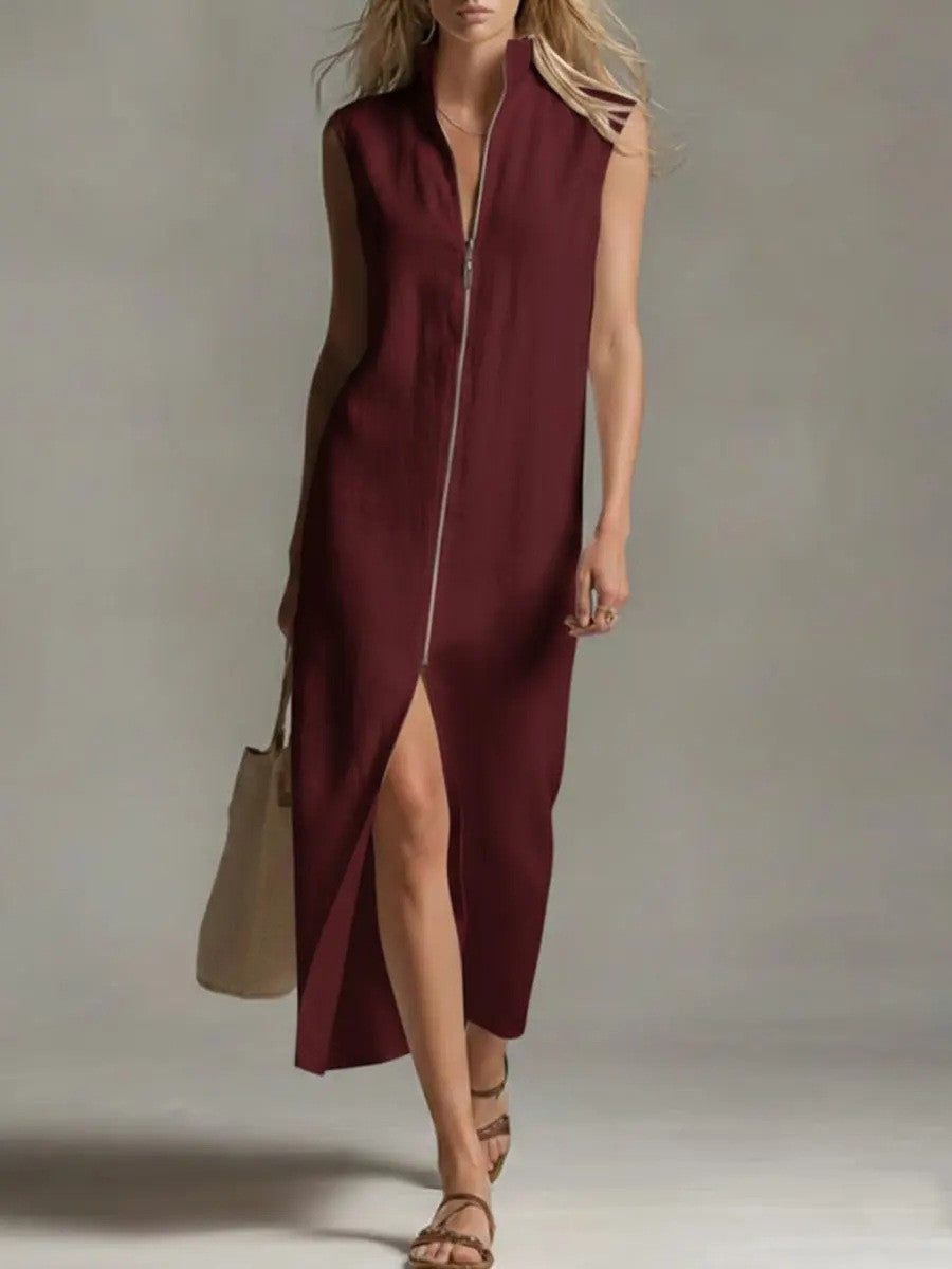 Sleeveless Zip-Up Stand Collar Casual Dress