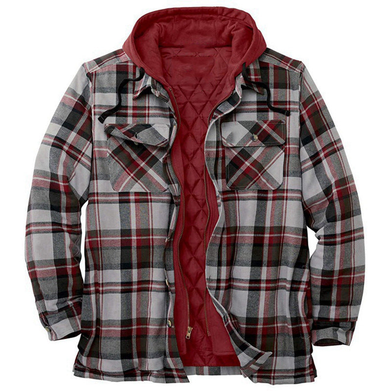 Mens Plaid Hooded Quilted Jacket