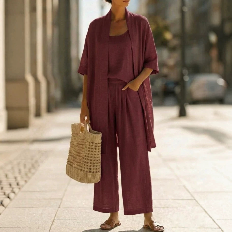 Women Summer Cotton Linen Solid Color Three Piece Cardigan Set Casual Pants Suit