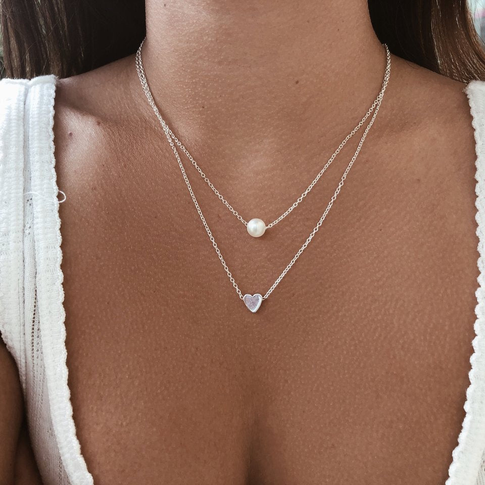 Double-Layer Heart Pendant Imitation Pearl Necklace