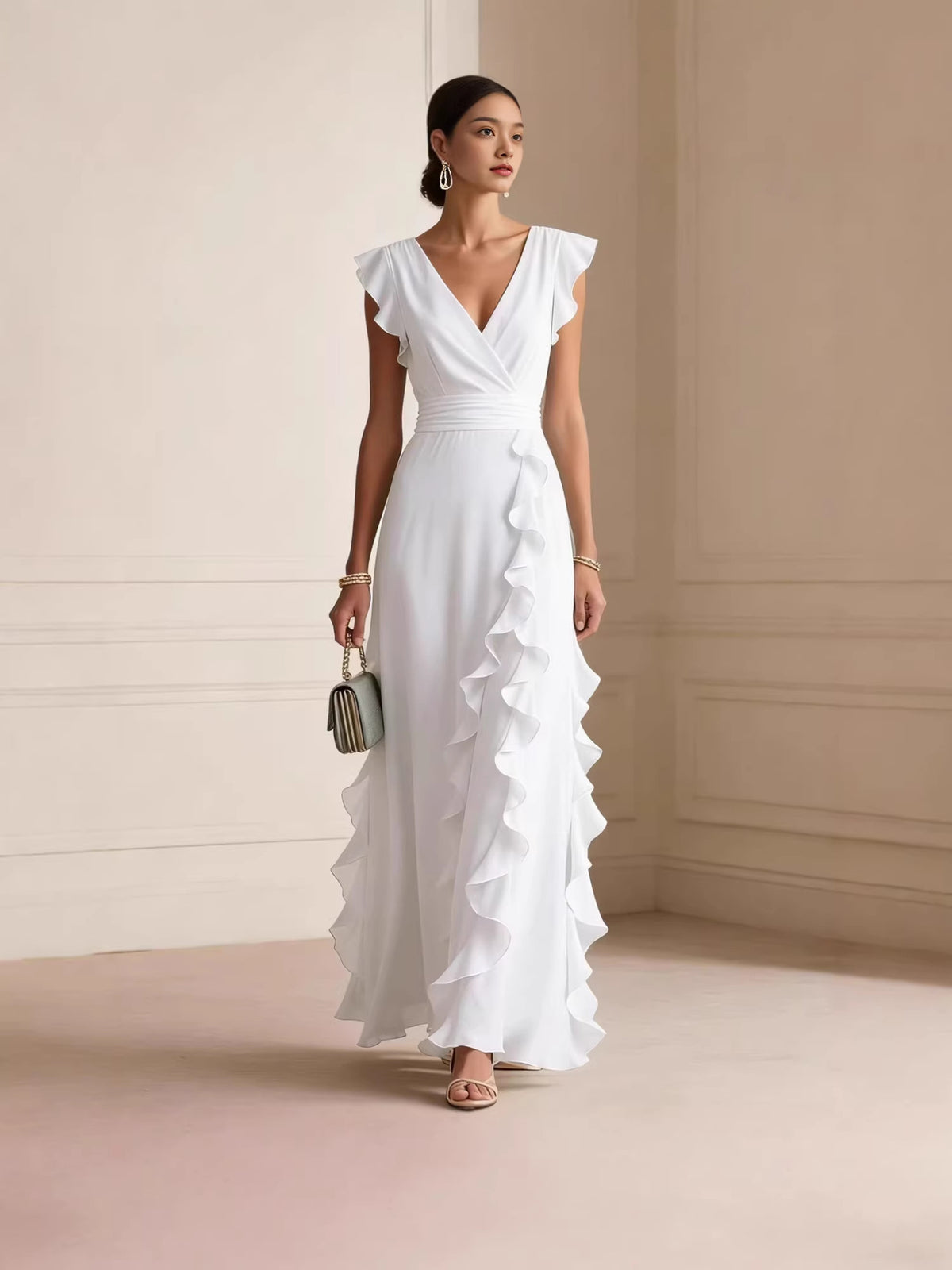 Solid Color, Ruched, Short-Sleeve, V-Neck, Dress, Chiffon Gown