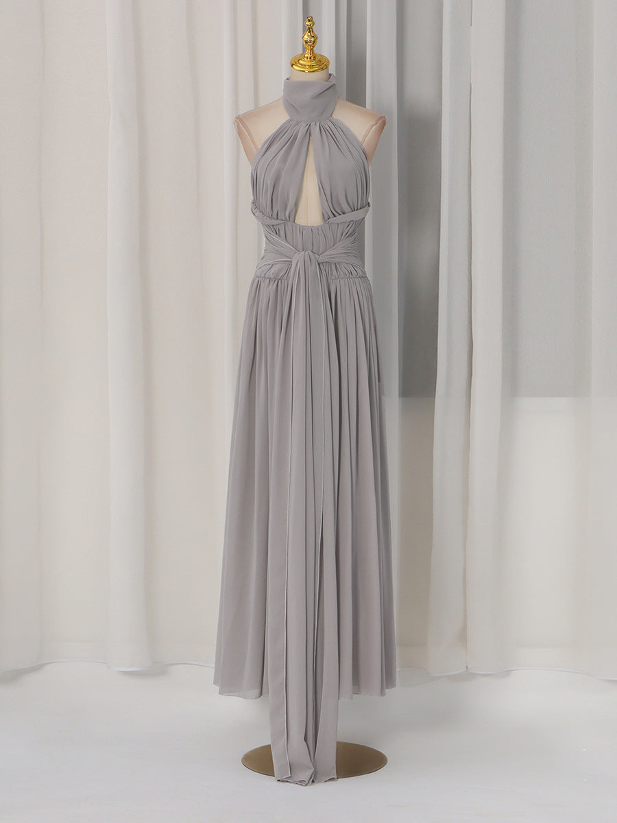 Women's Grey Halter Neck Hollow Out Backless Chiffon Evening Dress Long Gown