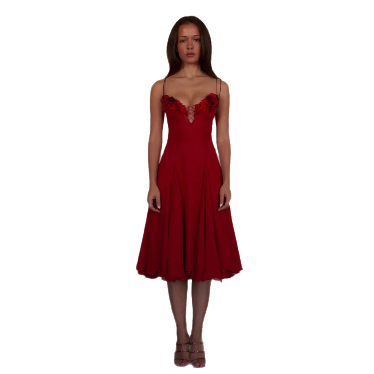 Floral Lace-up Evening Dress with Deep V-Neck