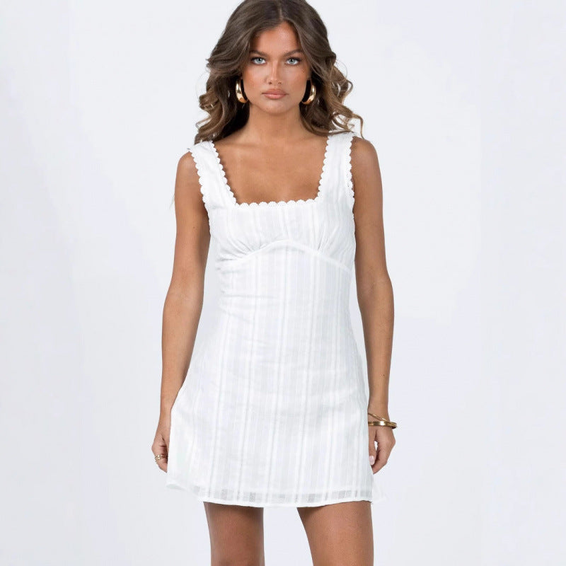 Women Retro Textured Square Neck Suspender Mini Skirt Waist Cinching A-Line Dress