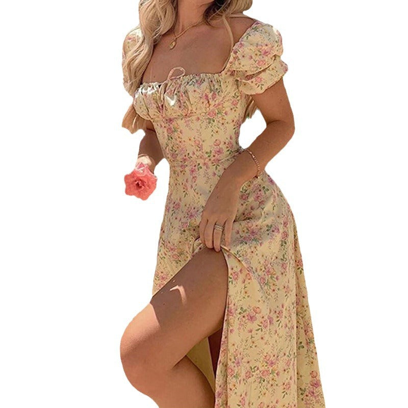 Floral Print Square Neck Slim Dress with Side Slit