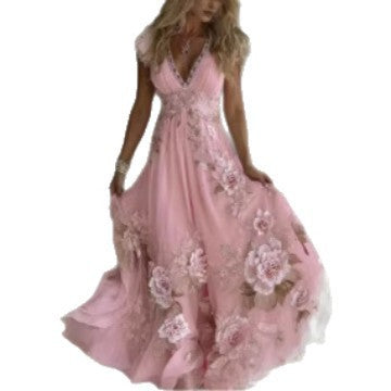 Women's Floral Print Deep V-Neck Sleeveless Slim Fit Midi Dress