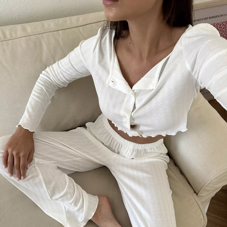 Women's Lapel Long Sleeve Knit Pajama Suit