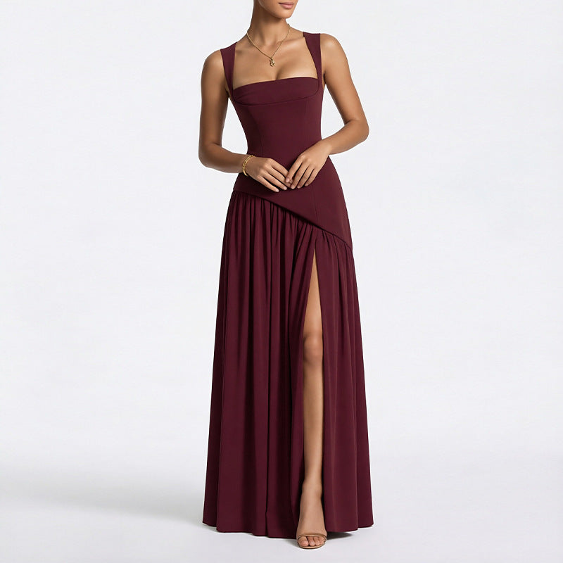 Elegant Slim-Fit Solid Color Waist-Cinching Slit Dress