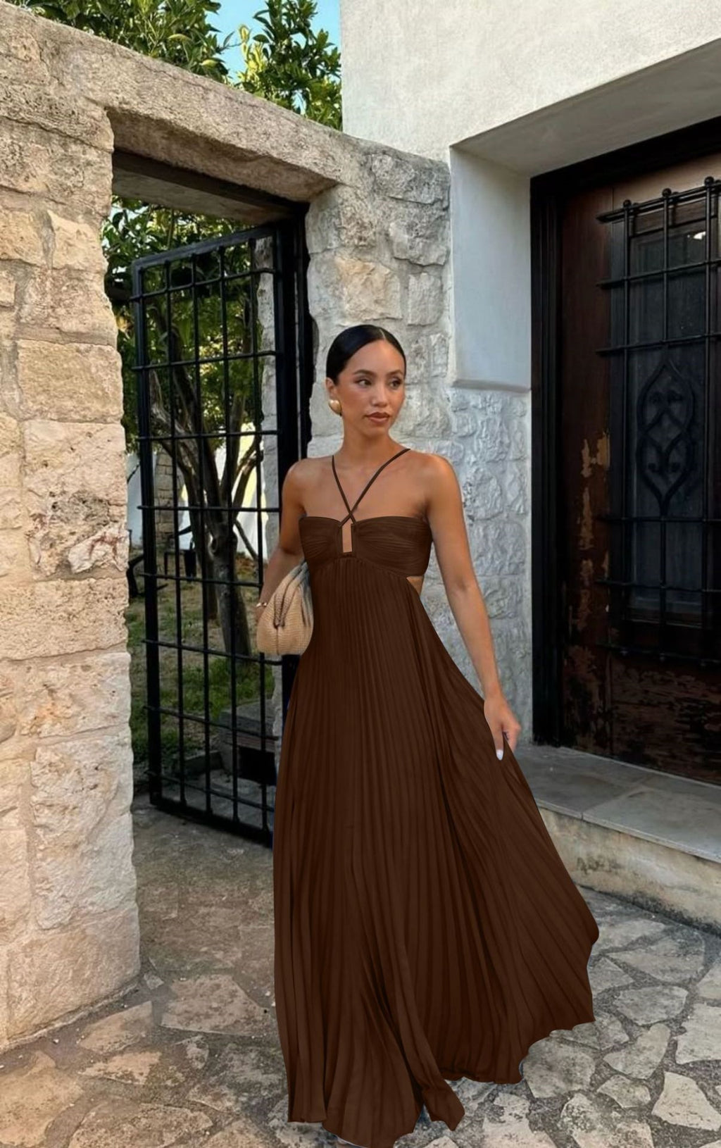 Solid Color Pleated Sleeveless Strap Dress