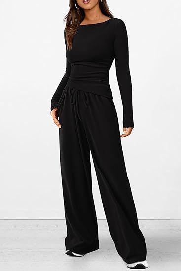 Women Asymmetric Long Sleeve T-Shirt and Wide Leg Pants Set
