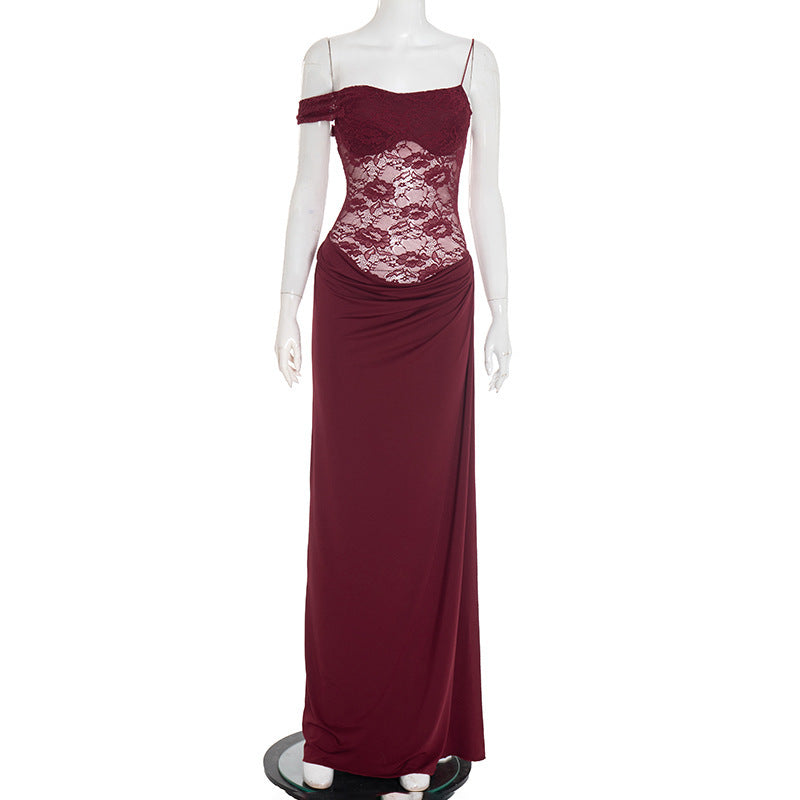 Women Solid Color Spaghetti Strap Lace Slim Fit Patchwork Dress