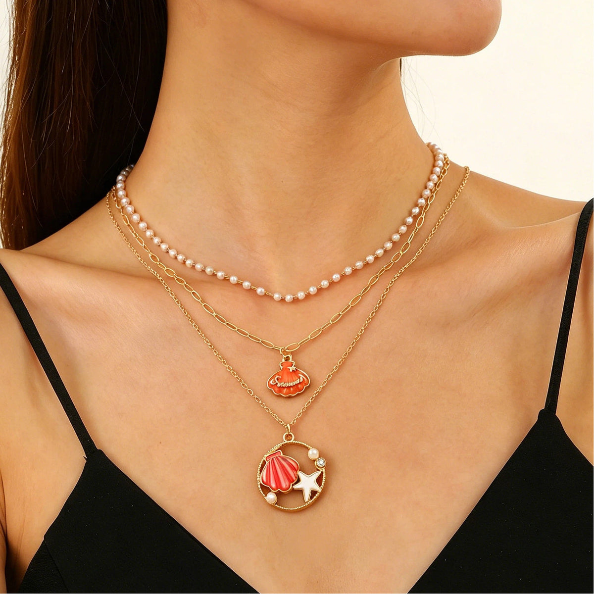 Layered Shell Pearl Starfish Pendant Bohemian Necklace