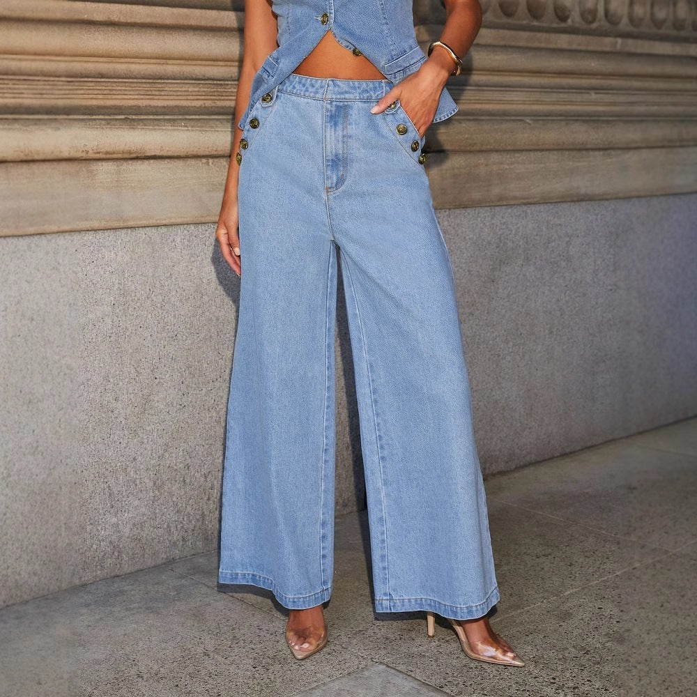 Denim Sleeveless Top and Wide-Leg Pants Set
