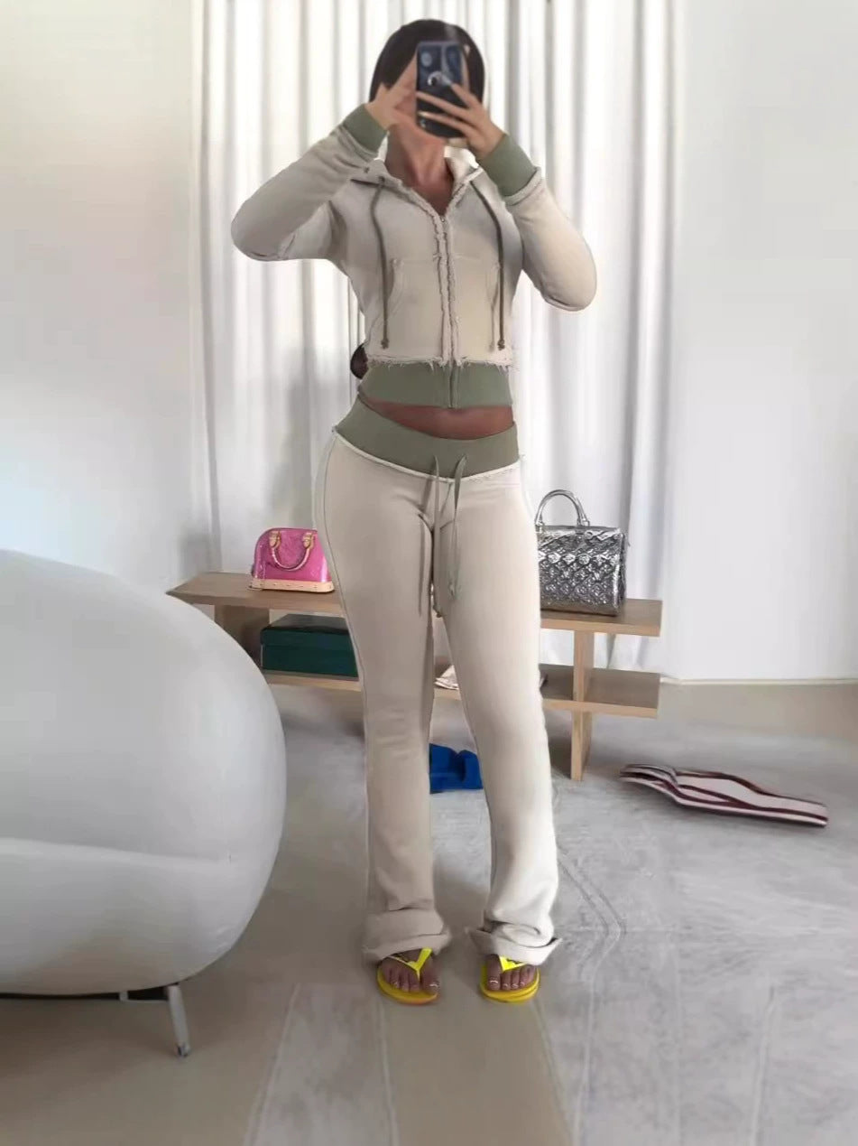 Women's Short Zip-Up Hoodie and Flared Pants Two-Piece Set