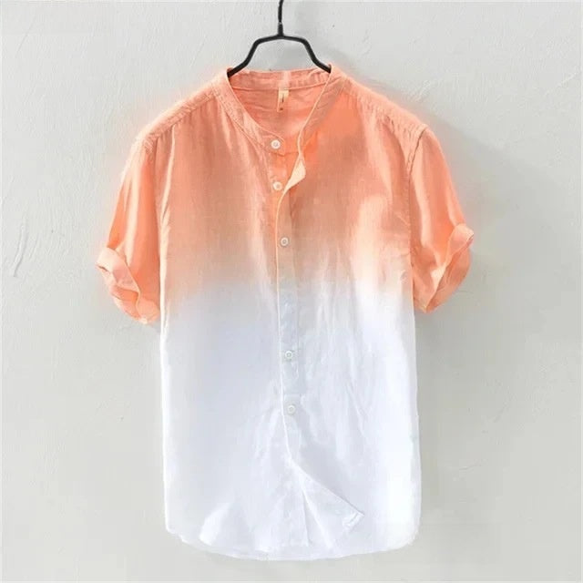 Men Linen Short Sleeve Shirt Gradient Breathing Vacation