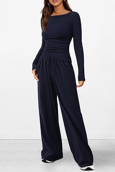 Women Asymmetric Long Sleeve T-Shirt and Wide Leg Pants Set