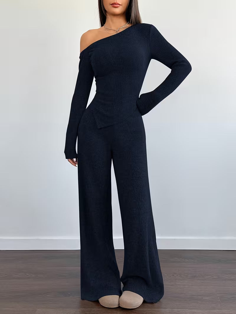 Women One Shoulder Knitted Top and Pants