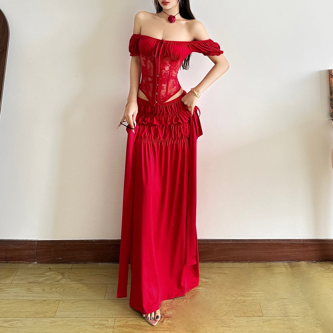 One-Shoulder Waist-Cinching Dress Set