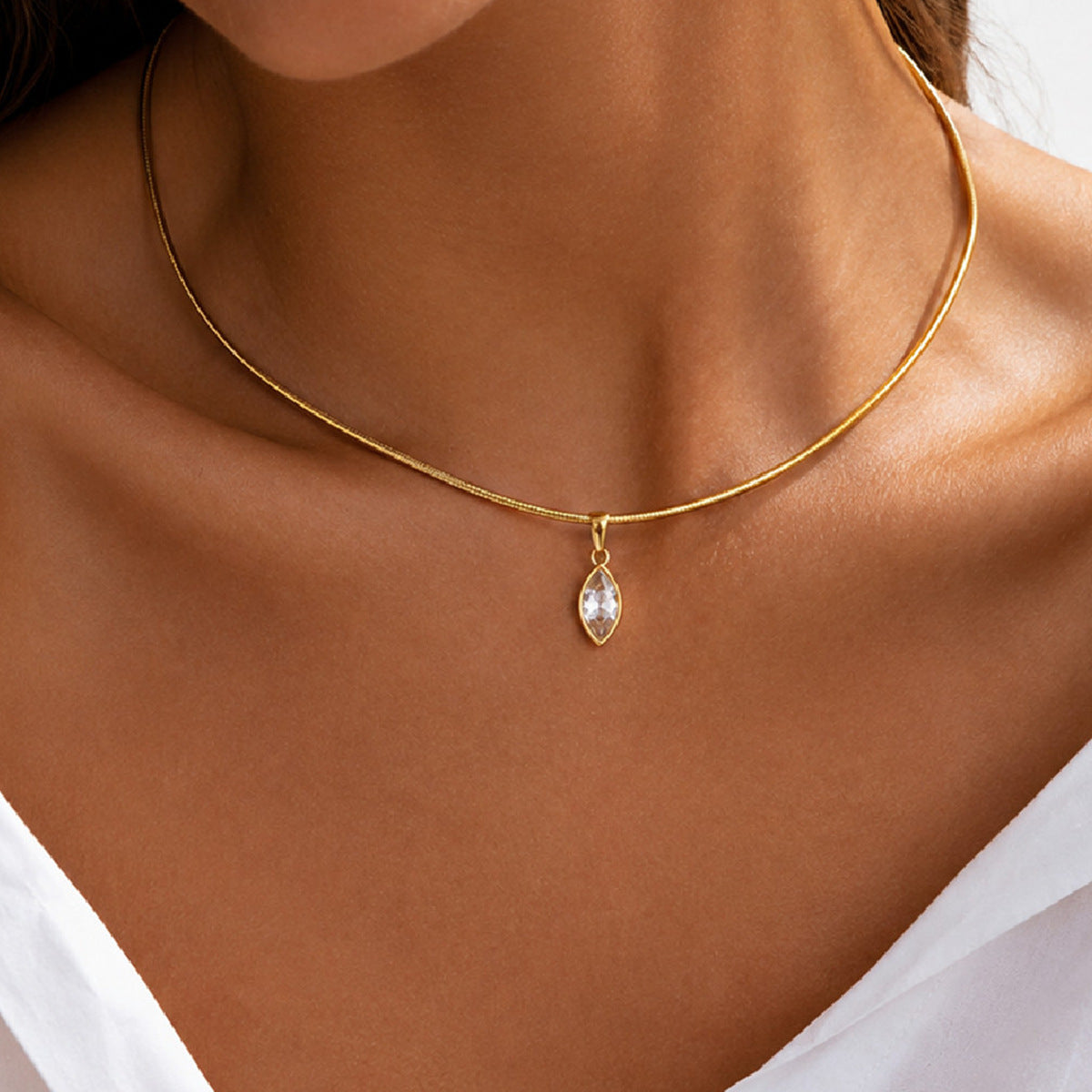Geometric Stainless Steel Necklace with Zircon Pendant