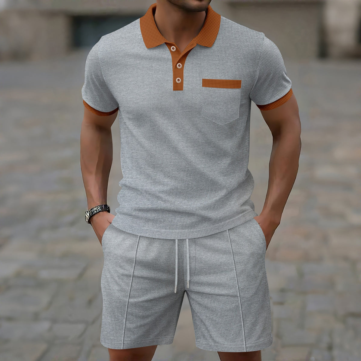 Men's Waffle Knit Polo and Shorts Set