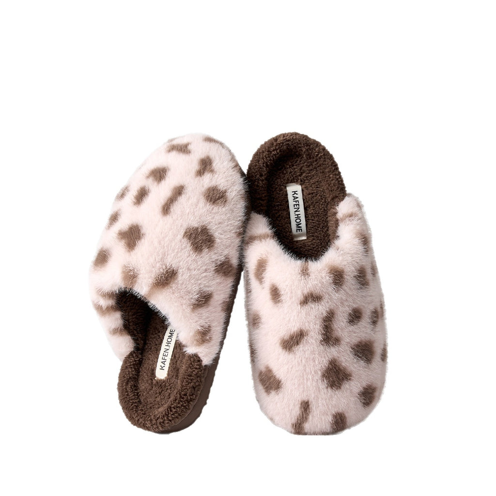 Women Winter Warm Fleece Lined Leopard Print Plush Closed Toe Non Slip House Slippers