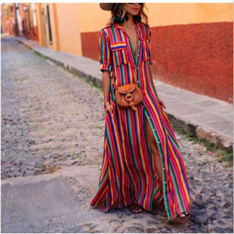 Womens Short Sleeve Stripe Shirt Dress Single Breasted