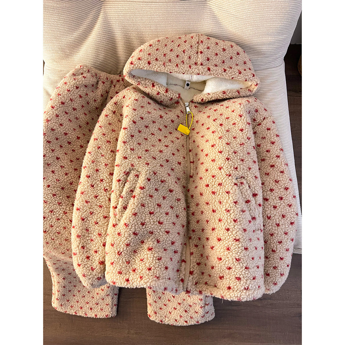 Women's Christmas Polka Dot Three-Layer Quilted Cotton Fleece-Lined Hooded Pajama Set