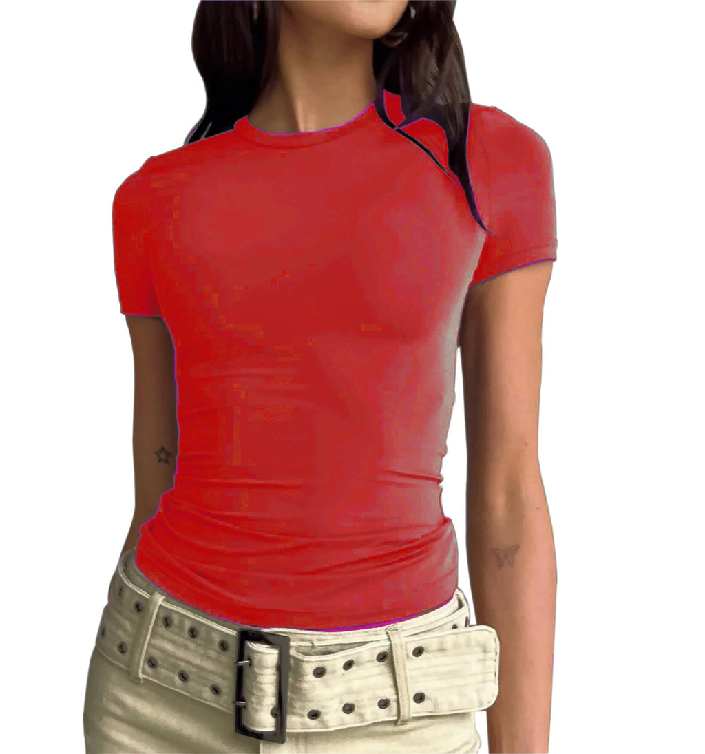 Women Slim Fit Cotton T-Shirt Crew Neck Long Sleeve Solid Color Top