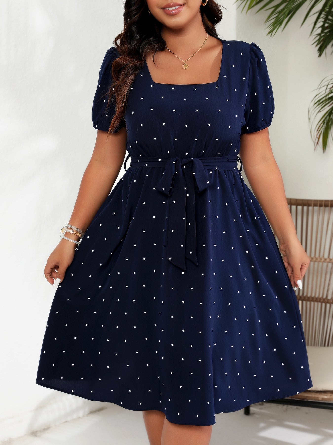 Polka Dot Square Neck Puff Sleeve Dress