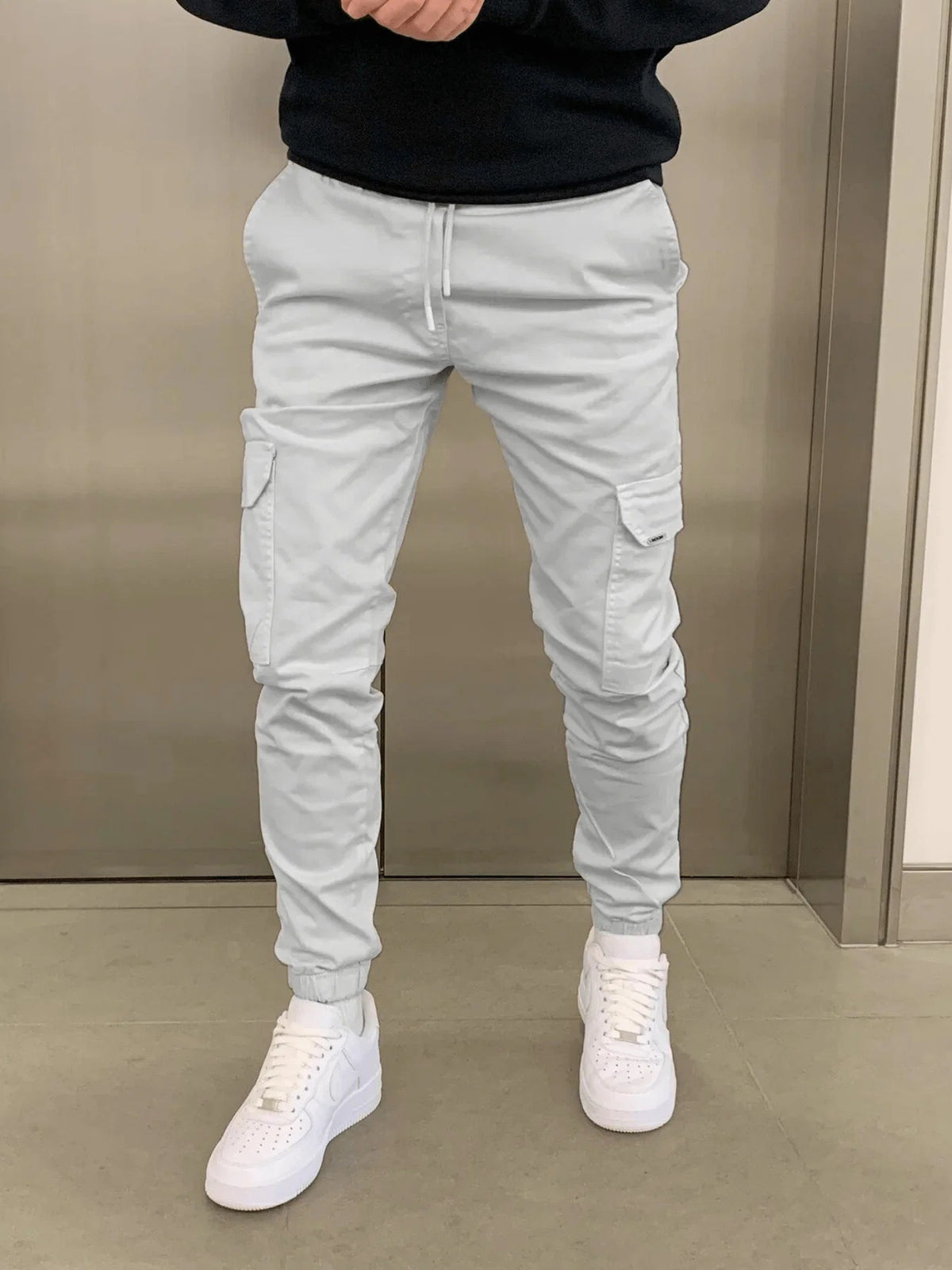 Mens Three-Dimensional Pocket Cargo Pants Elastic Waist Drawstring Loose Fit Casual Trousers