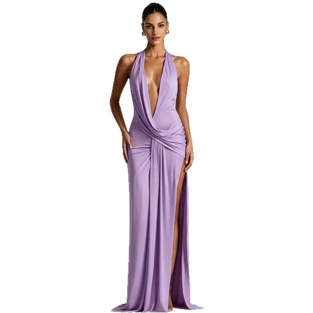 Deep V-Neck Halter Ruched Backless Dress