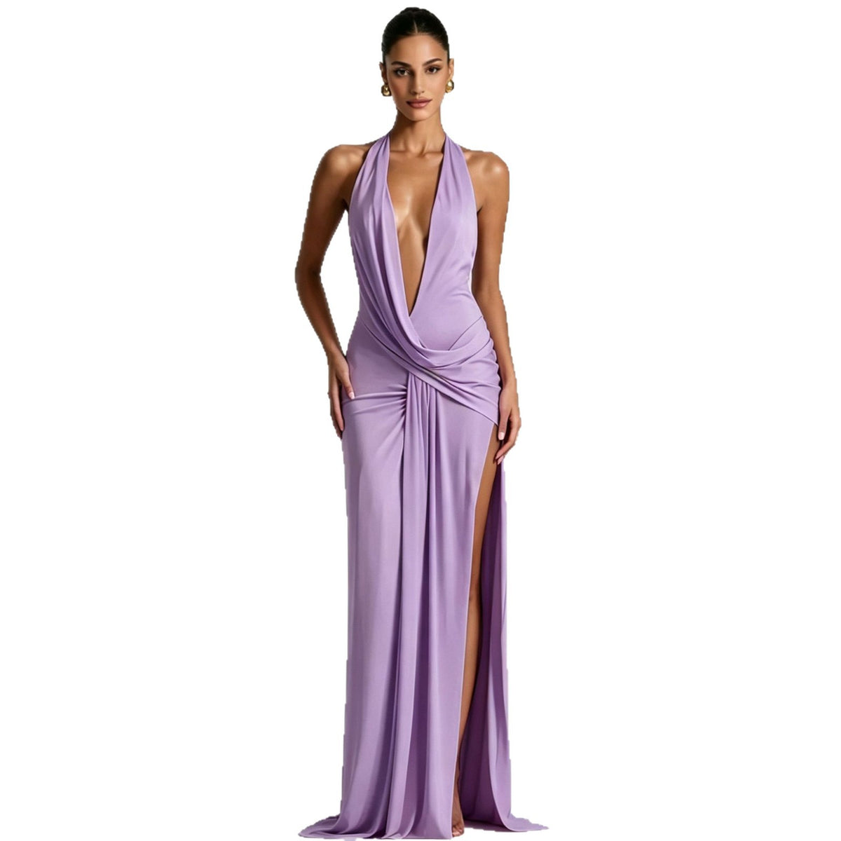 Deep V-Neck Halter Ruched Backless Dress