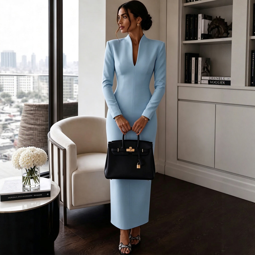 Women's Elegant Stand Collar V-Neck Long Sleeve Bodycon Dress