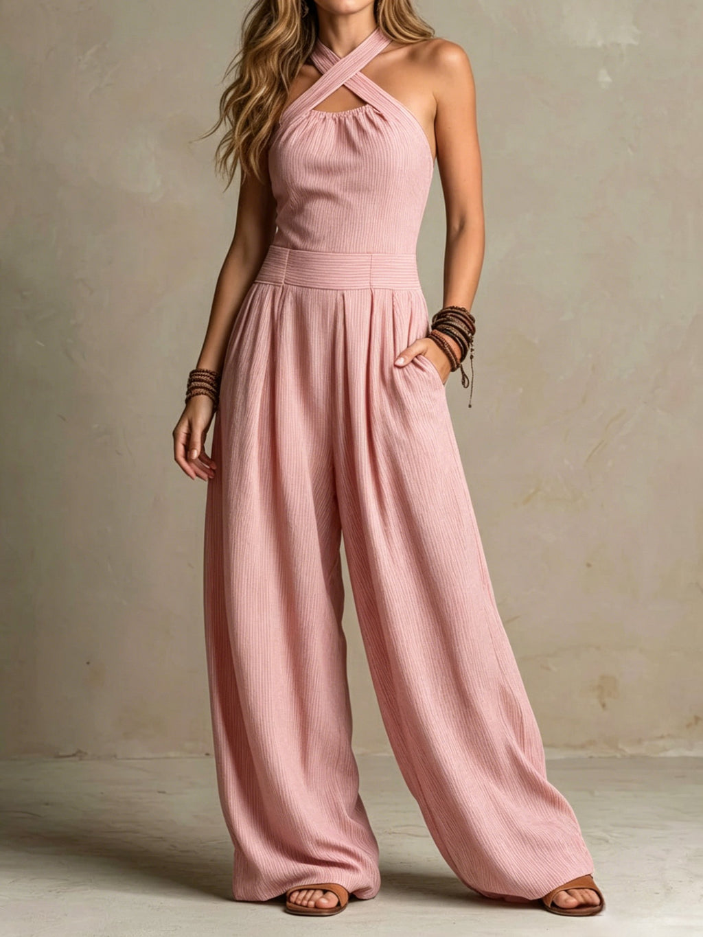 Crossed-necked openwork one-piece pants