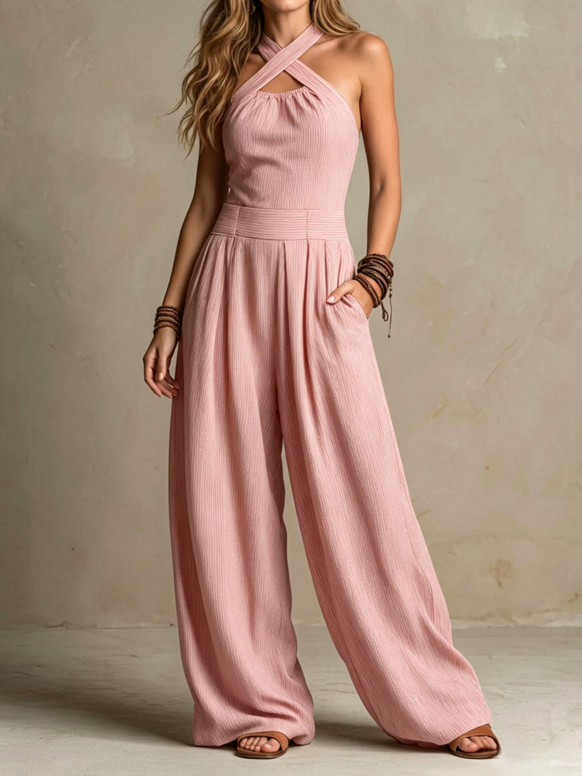 Crossed-necked openwork one-piece pants