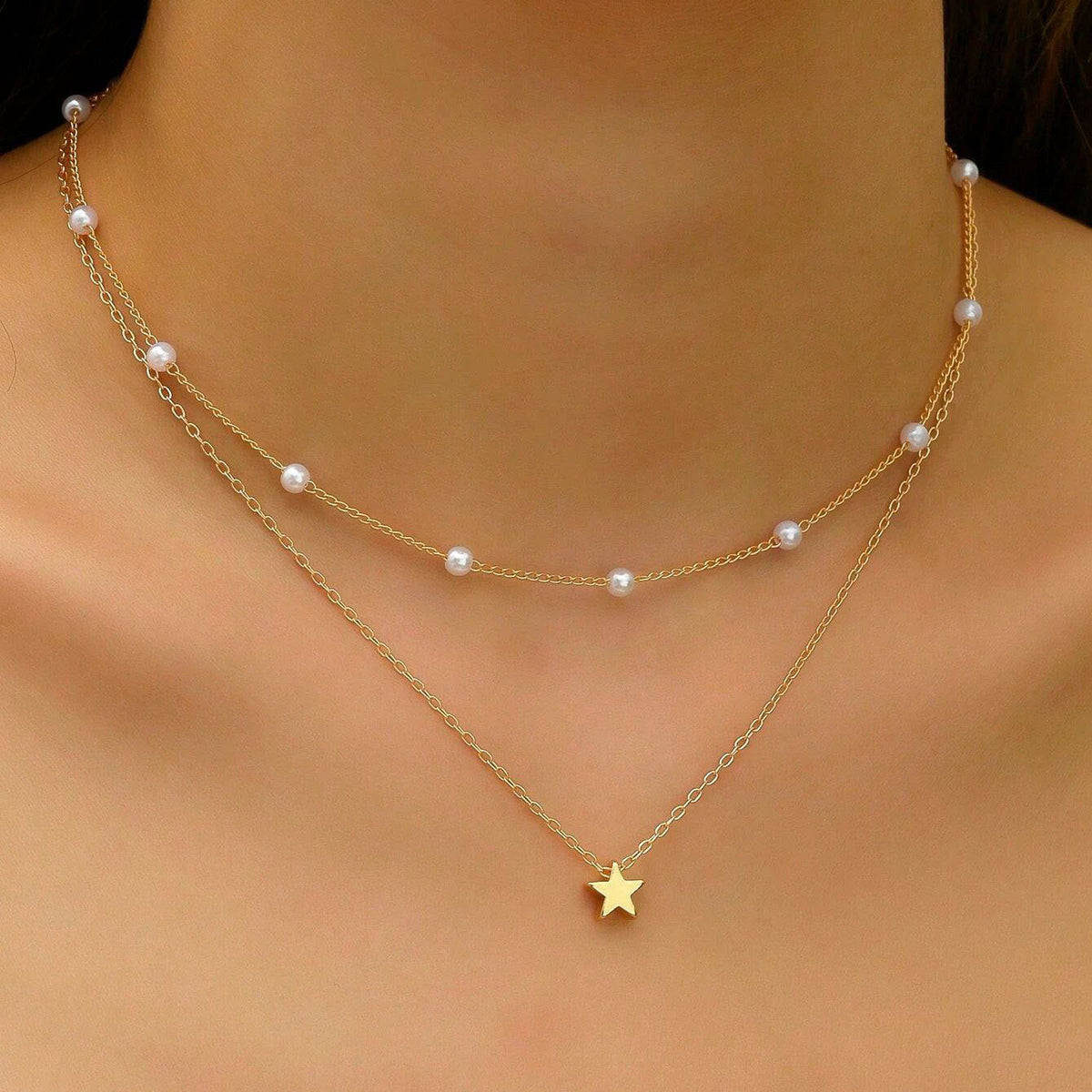 Fashion Imitation Pearl Layered Necklace with Heart Pendant for Women Men