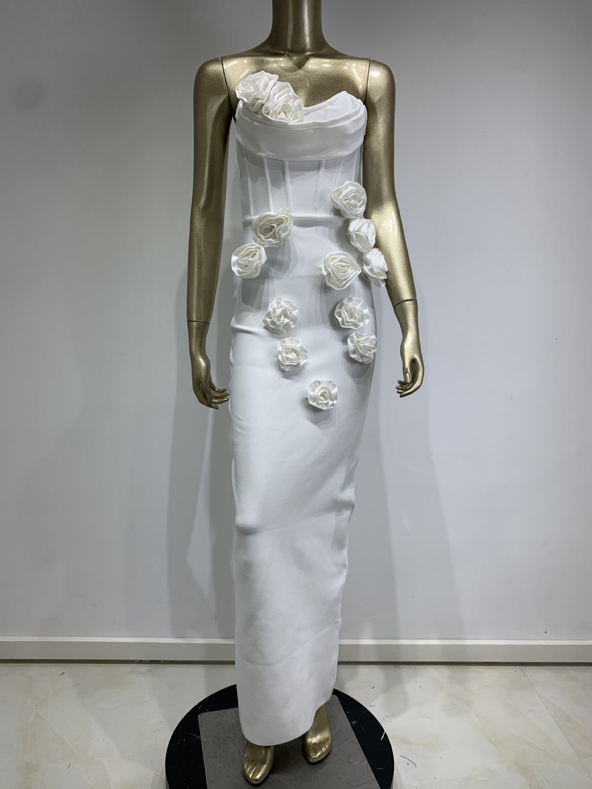 Womens Floral Applique Strapless Long Dress