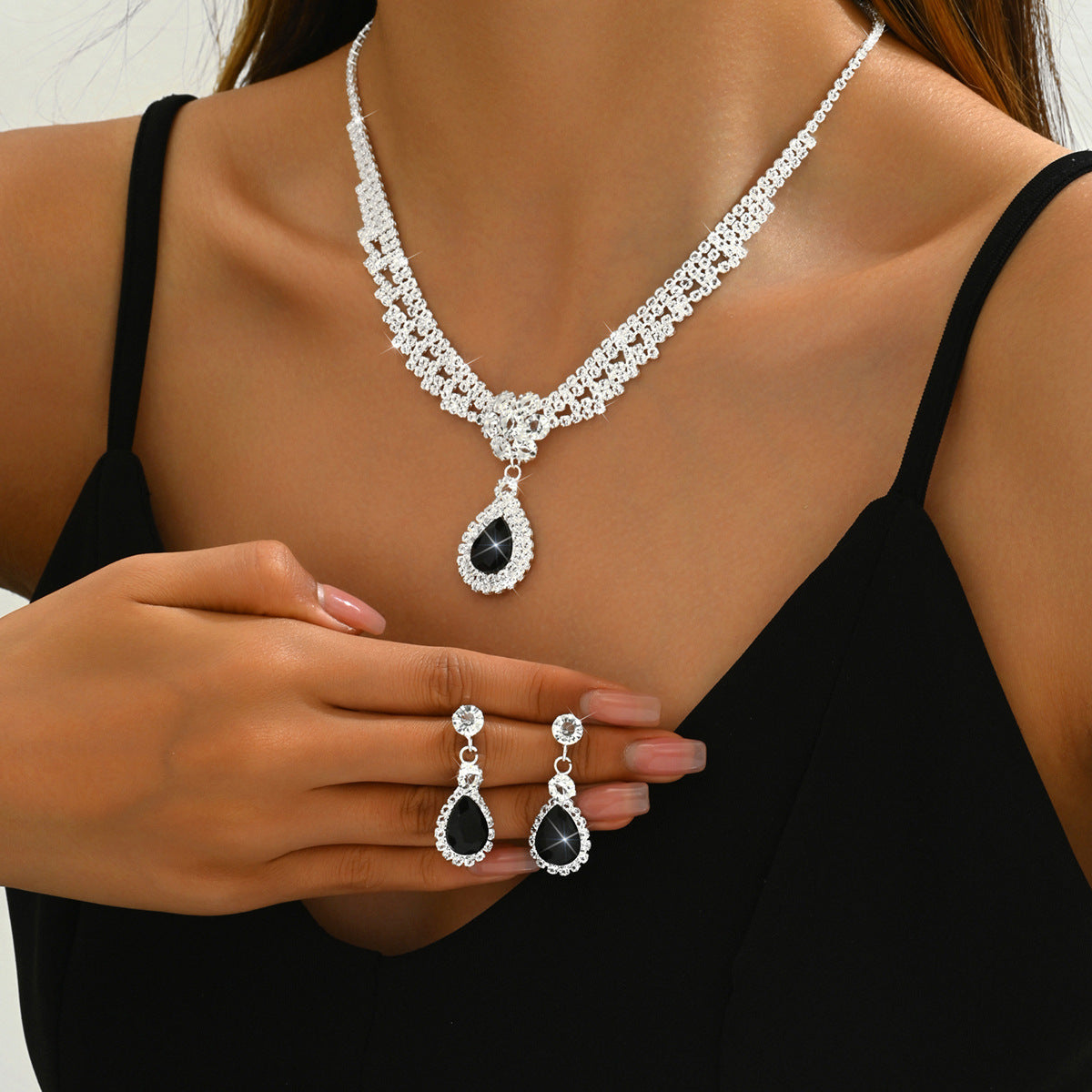 Diamond Drop Flower Necklace Earrings