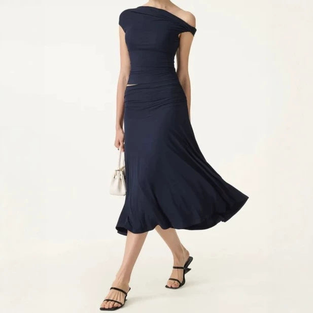 Off-Shoulder Slim Fit Dress Set with Built-in Padding
