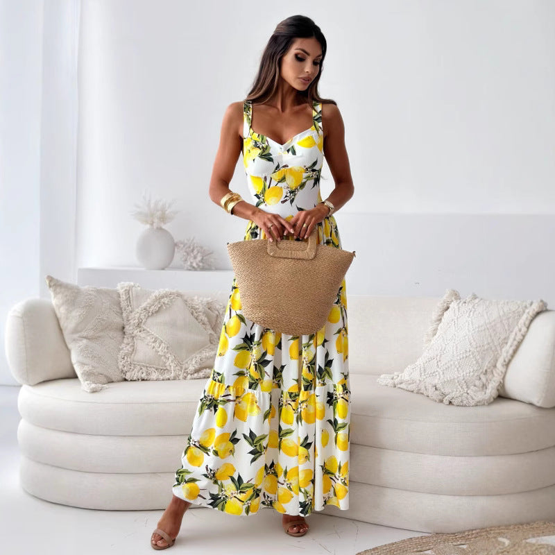 Women's Summer Print Waist Sling Dress Oversized Swing