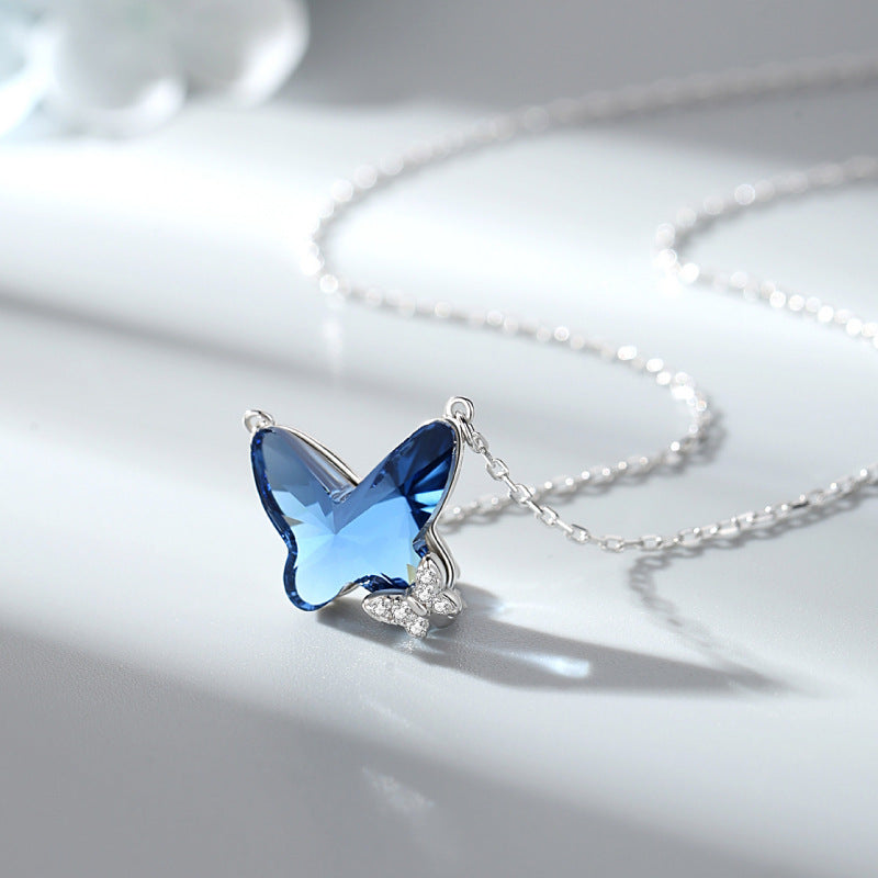 Butterfly Crystal Silver Necklace with Diamond Pendant