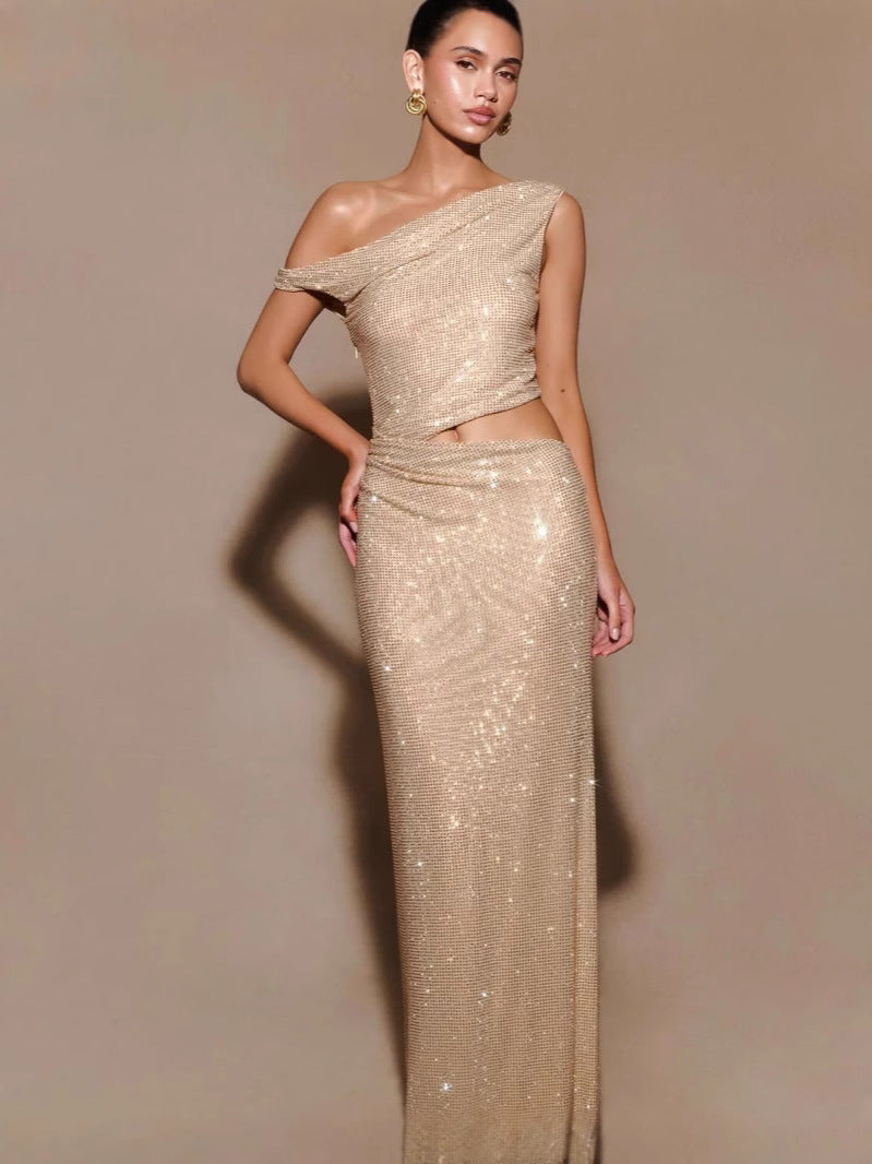 Off-Shoulder Rhinestone Fishtail Dress