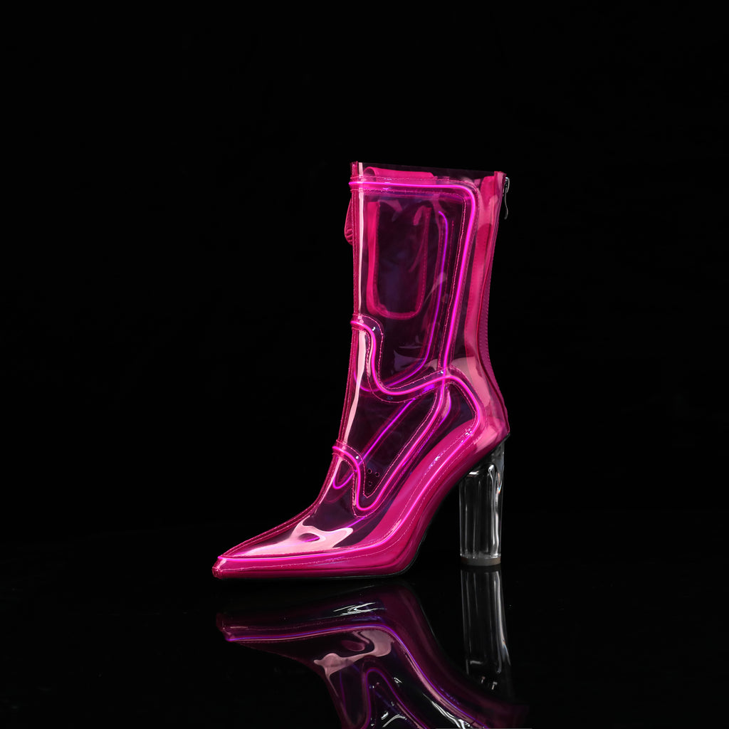 Transparent Film Pointed Toe Chunky Heel Boots