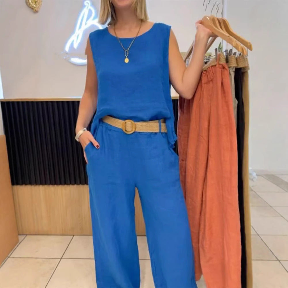 Women's Summer Cotton Linen Solid Color Sleeveless Two-Piece Pantsuit Set
